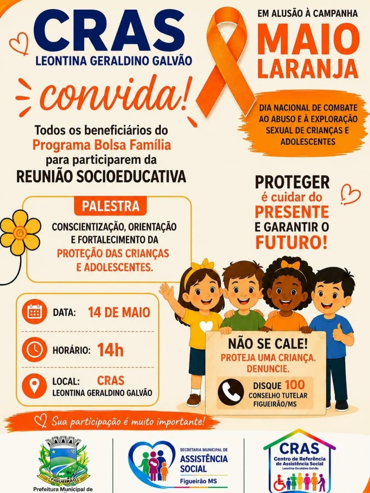 Imagem de compartilhamento para o artigo CRAS de Figueirão promove palestra do Maio Laranja para beneficiários do Bolsa Família da MS Todo dia